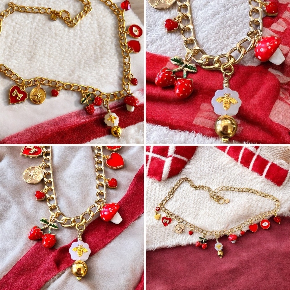 Gold Toned and Red Charm Necklace Enamel Glass Ceramic Crystal 20” - Picture 17 of 17